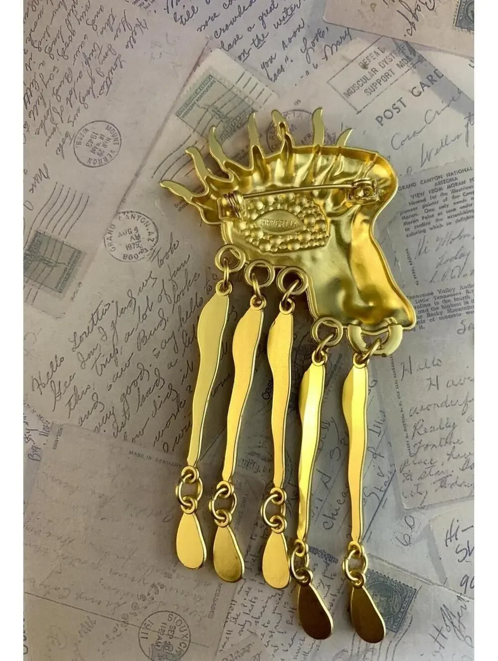 Surrealist Evil Eye Abstract Yellow Metal Dangle Brooch Vintage avant garde